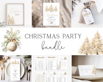May include: A Christmas party bundle with printable decorations, games, and a menu. The design features a watercolor illustration of a Christmas tree with gold accents.