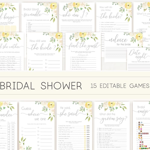 Bridal Shower Games, Bridal Shower Games Bundle, Romantic Yellow White Flowers, Editable Games, Wedding Shower Games, Yellow games bundle