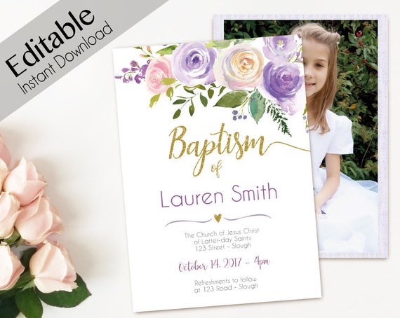 Baptism Invitation Girl, Editable PDF, Girl Invitation purple pink gold, Baptism Invite, invitation double side, back side, Baptism template