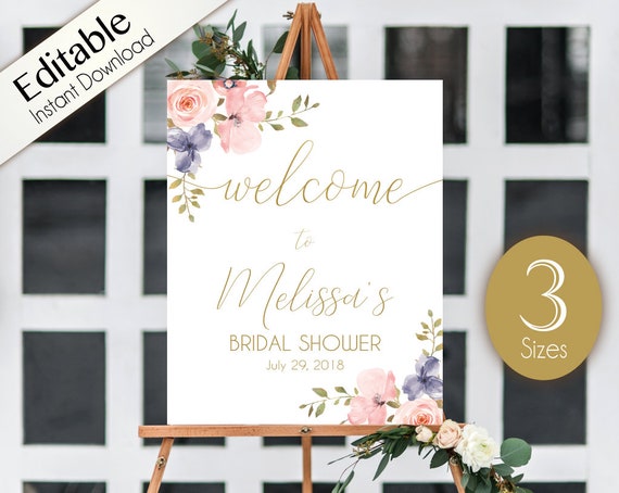 Welcome Sign Bridal Shower Editable PDF ANY EVENT Bridal Baby Wedding Baptism Birthday Sign dusty blue rose Floral Gold Editable Sign