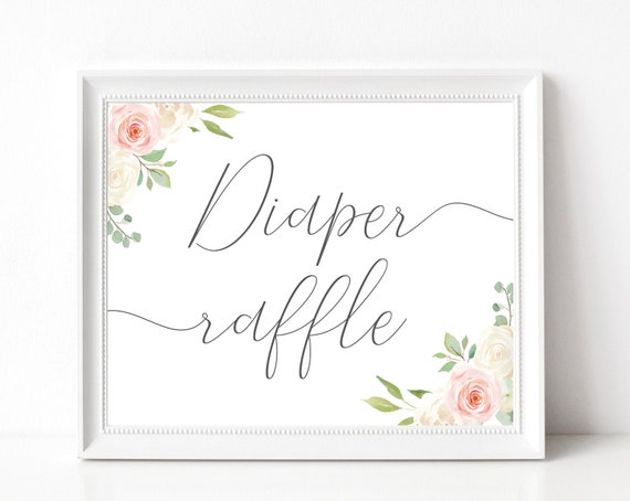 Diaper Raffle Sign, Baby Shower Sign Printable, Romantic Blush Pink White Floral, Baby Shower, baby shower sign landscape