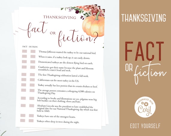 Thanksgiving Trivia Game, Editable Thanksgiving Trivia, Friendsgiving game Fact or Fiction Thanksgiving printable, Thanksgiving games, Corjl