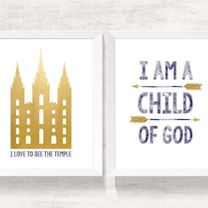 Set of 2 print boy, I am a child of God, lds Temple, Instant Download Printable LDS Gift Art print Boy room decor, navy and gold, arrows image 1