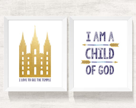 Set of 2 print boy, I am a child of God, lds Temple, Instant Download Printable LDS Gift Art print Boy room decor, navy and gold, arrows