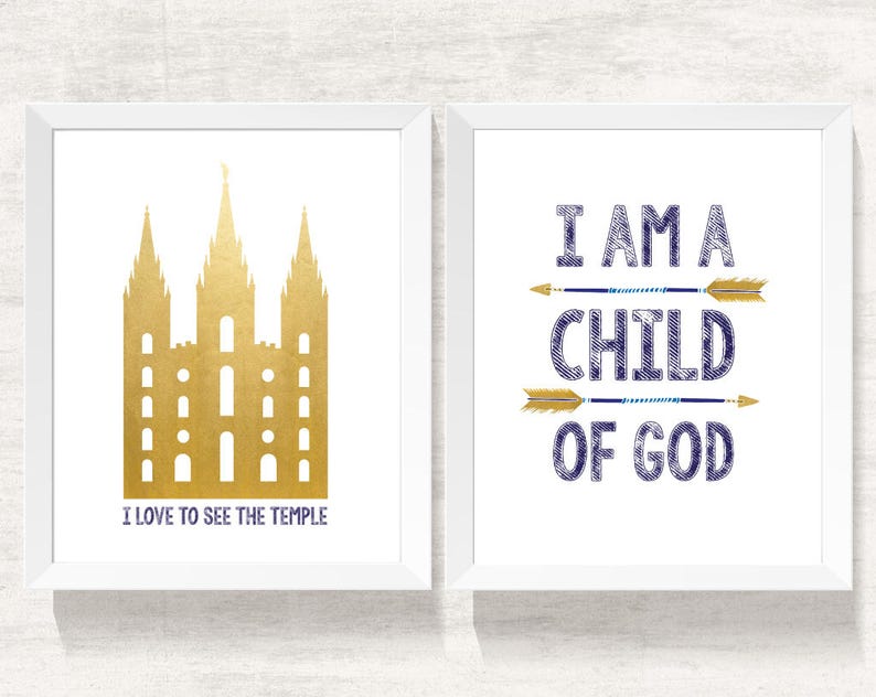 Set of 2 print boy, I am a child of God, lds Temple, Instant Download Printable LDS Gift Art print Boy room decor, navy and gold, arrows image 1