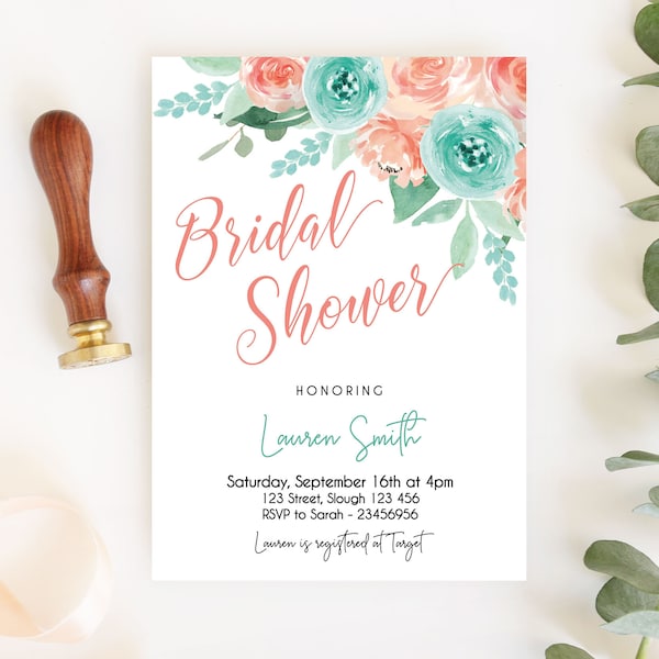 Editable Bridal Shower Invitation, Bridal Shower Printable, Coral Turquoise Floral Bridal, DIY Bridal Invitation Template Peach Mint, Corjl