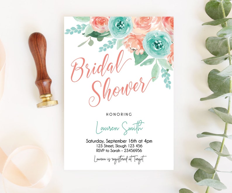 May include: A white bridal shower invitation with a watercolor floral design in shades of pink and blue. The text reads "Bridal Shower" in pink script and "Honoring Lauren Smith" in blue script. The invitation includes the date, time, location, RSVP information, and the registry location.