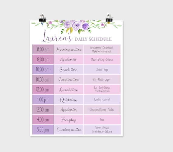 Editable Home School Daily Planner, Editable Daily Routine Schedule, Purple Flowers Routine Schedule Chart, Daily Homeschool Planner, Corjl