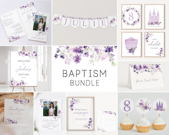 Editable LDS Baptism Set, Party Kit, LDS Primary, Baptism Decoration, Baptism Template, Purple Lilac baptism, Editable Template, Corjl