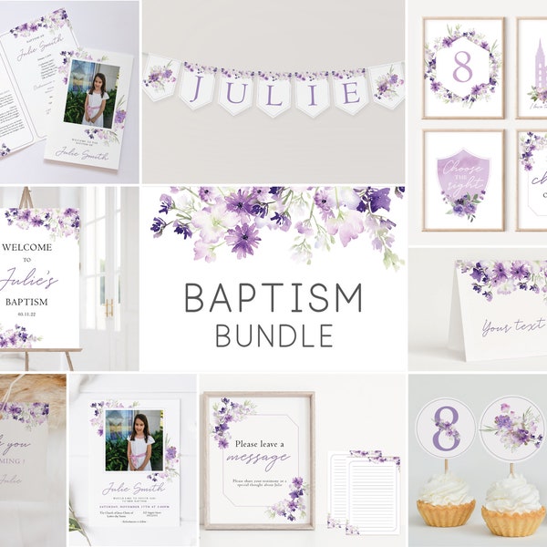 Editable LDS Baptism Set, Party Kit, LDS Primary, Baptism Decoration, Baptism Template, Purple Lilac baptism, Editable Template, Corjl