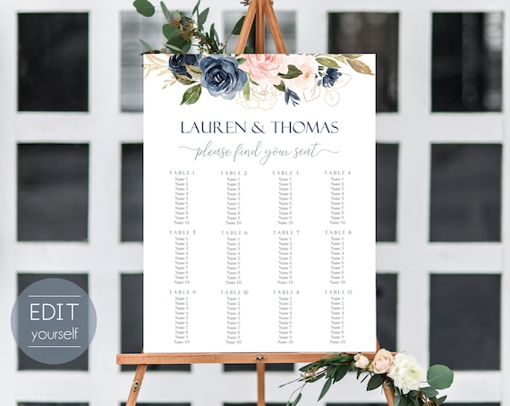 Wedding Seating Chart Template, 7 templates, Editable Wedding Table Seating Chart Poster Sign, PDF Instant Download, navy blush gold flower