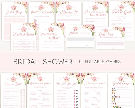 Bridal Tea Games, Romantic Blush Bloom Pink Editable Bridal Shower Games Package Set Bundle, Editable games, Bridal Tea Games, Tea pot