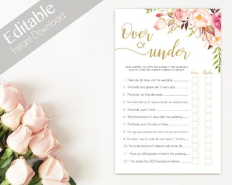 Bridal Shower, Game Over or Under, Editable PDF Bridal Shower Romantic Blush Pink Blooms Gold Watercolor Flowers, Editable Over or Under