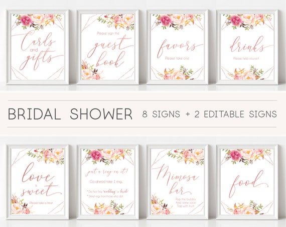 Bridal Shower Sign Set, Bridal Shower Sign Package Bundle, Romantic Blush Rose Flowers Geometric, Editable Sign 5x7 8x10, Corjl