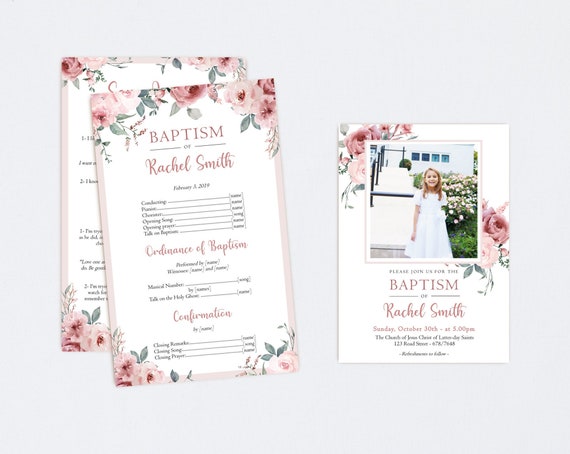 LDS Editable Baptism Program Invitation, Editable Dusty Rose flowers Program and Invitation, Girl Baptism, Baptism Program Template, Corjl