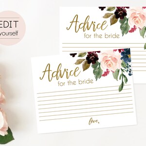 Carte de conseils de douche nuptiale, Conseils pour la mariée et le marié, Téléchargement instantané, Bleu Marine Marsala Bourgogne Blush Or