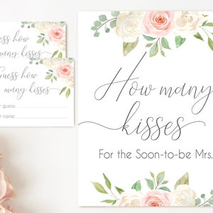 How many kisses for the soon to be Mrs, Blush White Pink How many kisses cards and sign Bridal Shower How many kisses card, instant download