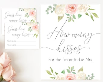 How many kisses for the soon to be Mrs, Blush White Pink How many kisses cards and sign Bridal Shower How many kisses card, instant download