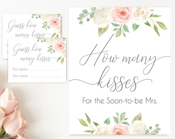 How many kisses for the soon to be Mrs, Blush White Pink How many kisses cards and sign Bridal Shower How many kisses card, instant download