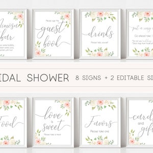 Bridal Shower Sign, Bridal Shower Sign Package Bundle, Printable Bridal Tea Sign, Romantic white blush pink Rose Floral Sign, Editable Sign