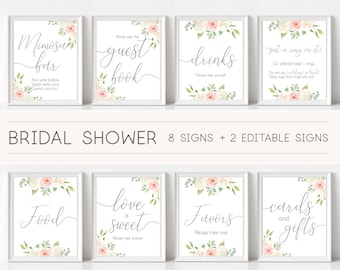 Bridal Shower Sign, Bridal Shower Sign Package Bundle, Printable Bridal Tea Sign, Romantic white blush pink Rose Floral Sign, Editable Sign
