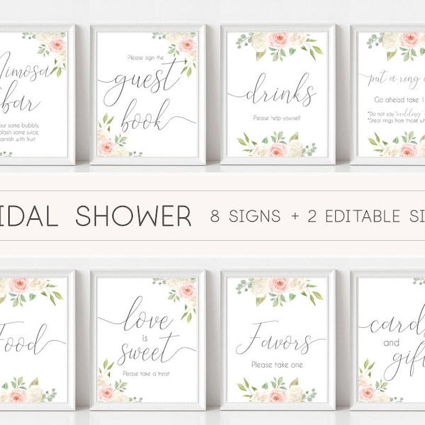 Signo de despedida de soltera, paquete de paquete de signos de despedida de soltera, signo de té de novia imprimible, signo floral de rosa rosa rubor blanco romántico, signo editable