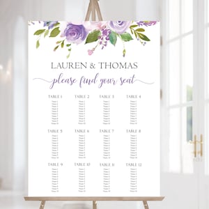 Bruiloft zitplaatsen grafiek sjabloon, bruiloft tafel zitplaatsen grafiek Poster teken, Lila zitplaatsen grafiek, Lila paarse bloemen, Corjl