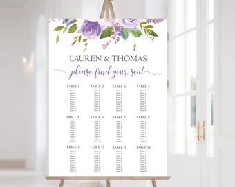 Wedding Seating Chart Template, Wedding Table Seating Chart Poster Sign, Lilac Seating Chart, Lilac Purple Flowers, Corjl