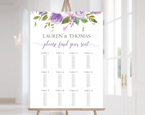 Wedding Seating Chart Template, Wedding Table Seating Chart Poster Sign, Lilac Seating Chart, Lilac Purple Flowers, Corjl