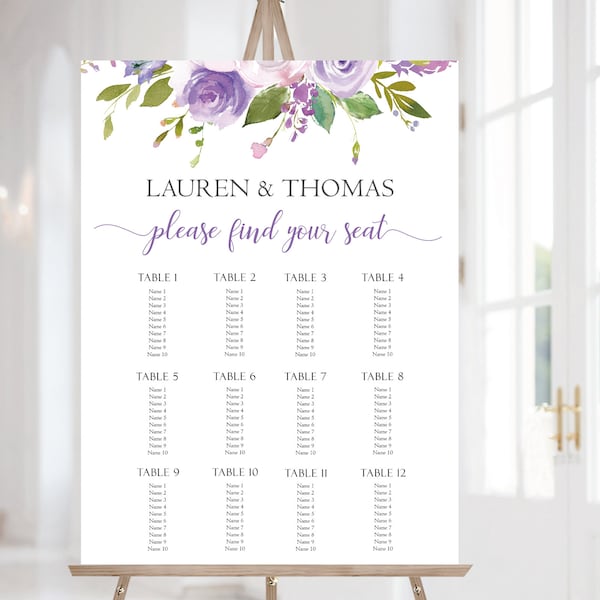 Wedding Seating Chart Template, Wedding Table Seating Chart Poster Sign, Lilac Seating Chart, Lilac Purple Flowers, Corjl