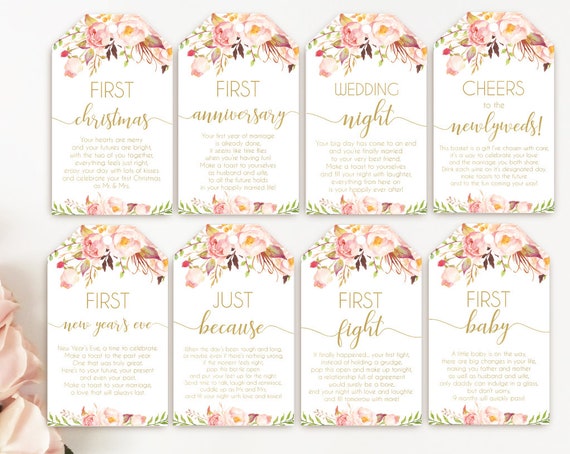 Printable Bridal Shower Wine Tags with Poems for Wedding Gift Basket, Set of 8, Romantic Bloom Blush Pink Flower Gold, Wine poem tags