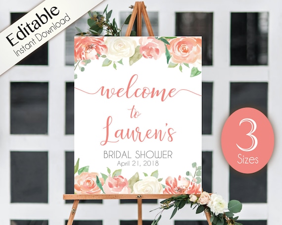 Welcome Sign Bridal Shower Template, Editable PDF, ANY EVENT, Bridal Baby Wedding Baptism Birthday Shower Sign, Peach watercolor flowers