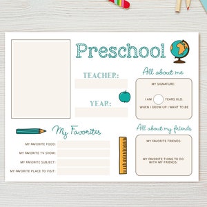 May include: A printable preschool worksheet with sections for a student to fill in their teacher's name, the year, their favorite food, TV show, subject, and place to visit, as well as information about themselves and their friends. The worksheet has a blue and green color scheme with illustrations of a pencil, ruler, apple, and globe.