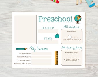 May include: A printable preschool worksheet with sections for a student to fill in their teacher's name, the year, their favorite food, TV show, subject, and place to visit, as well as information about themselves and their friends. The worksheet has a blue and green color scheme with illustrations of a pencil, ruler, apple, and globe.