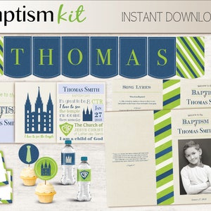 Baptism Boy Kit - Editable LDS Baptism Program, Cupcake Toppers, Water Bottle Wraps, Note Card, Poster Baptism, Navy Blue Lime Green