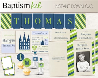 Baptism Boy Kit - Editable LDS Baptism Program, Cupcake Toppers, Water Bottle Wraps, Note Card, Poster Baptism, Navy Blue Lime Green