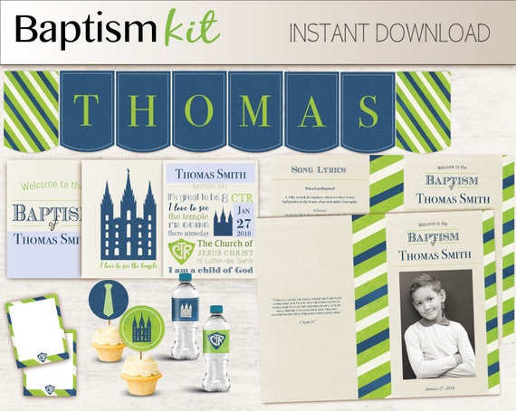 Baptism Boy Kit - Editable LDS Baptism Program, Cupcake Toppers, Water Bottle Wraps, Note Card, Poster Baptism, Navy Blue Lime Green