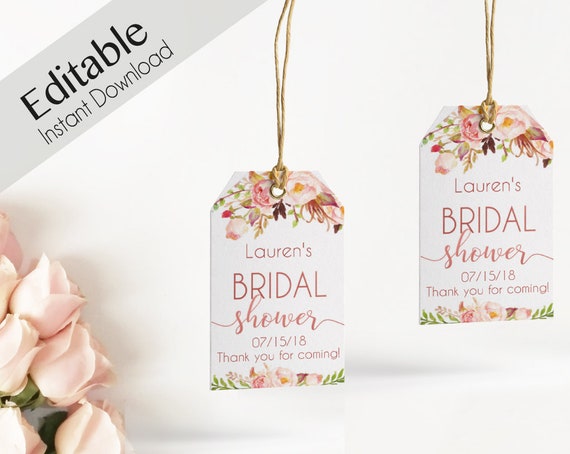 Favor Tag Bridal Shower Template Editable PDF Wedding shower tag Bridal Tea Tag Instant Download, Romantic Bloom Blush Pink Flower Rose Gold