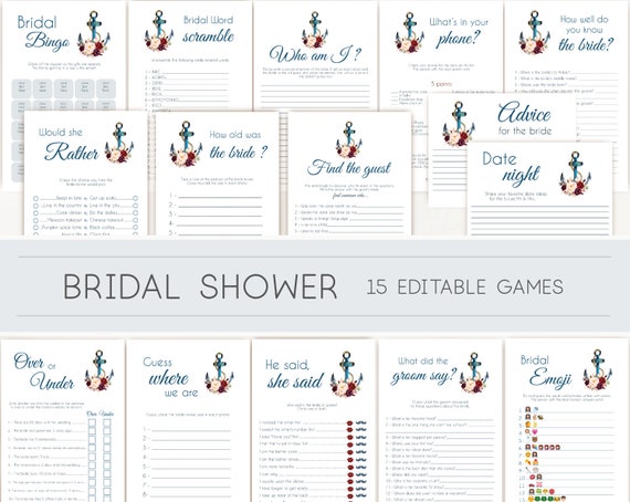 Nautical Bridal Shower Games, Bridal Shower Games Bundle, Editable Bridal Shower Games, Floral Anchor, Burgundy Blush Anchor Bridal Navy