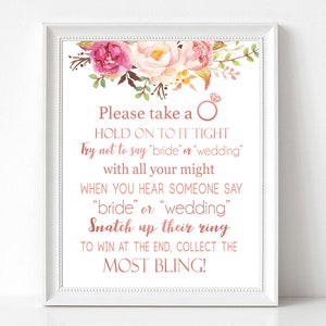 Don&#39;t Say Bride or Wedding, Bridal Shower Games Printable, don&#39;t say bride game, Romantic Blooms Rose Floral Rose Gold, INSTANT DOWNLOAD