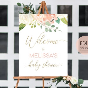 Puede incluir: Un cartel de bienvenida blanco con dise&ntilde;os florales de acuarela en tonos rosados y verdes. El cartel dice "Bienvenido al Baby Shower de Melissa".
