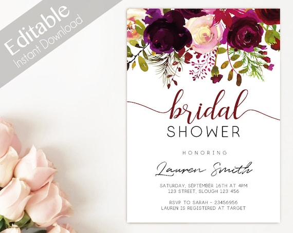 Bridal Shower Invitation, Editable PDF, Bridal Shower Printable, Burgundy boho marsala flower watercolor, Bridal floral Invitation Template