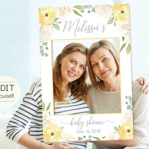Baby Shower Photo Booth Frame, Photo Prop Frame, Photo Booth Prop, Instant Download, Editable PDF, Romantic White Yellow Floral