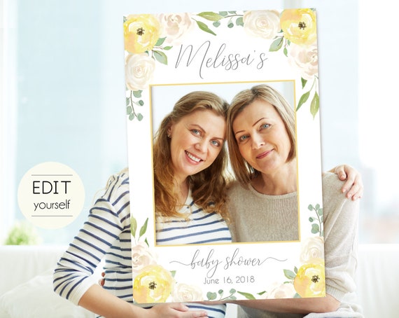 Baby Shower Photo Booth Frame, Photo Prop Frame, Photo Booth Prop, Instant Download, Editable PDF, Romantic White Yellow Floral