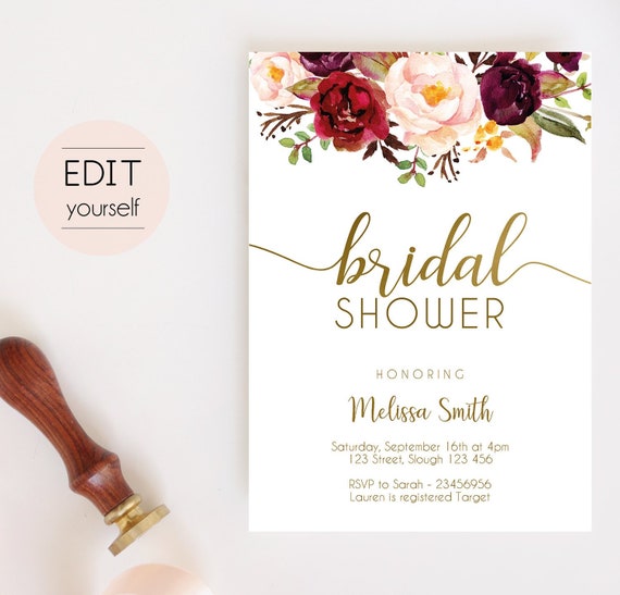 Bridal Shower Invitation, Editable PDF, Bridal Shower Printable, Floral Blush Marsala Gold, Bridal Sign Flowers Burgundy, Shower Invitation