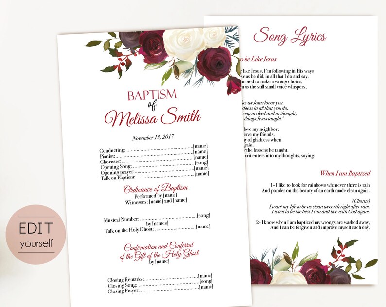 Baptism Program, Editable PDF, Printable Digital Handout Girl Baptism ...