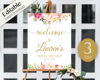 Welcome Sign Bridal Shower Template, Editable PDF ANY EVENT Bridal Baby Wedding Baptism Birthday Shower Sign Romantic Blush Pink Gold Floral