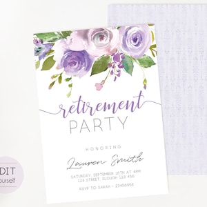 Retirement Party Invitation, Editable PDF, Retirement Party Printable, Floral Bridal, lilac lavender watercolor, DIY Invitation Template