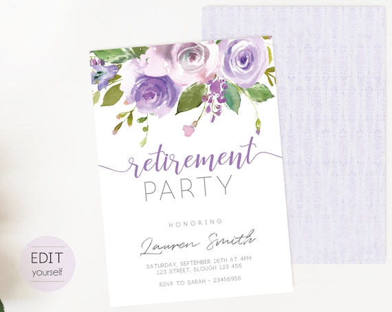 Retirement Party Invitation, Editable PDF, Retirement Party Printable, Floral Bridal, lilac lavender watercolor, DIY Invitation Template