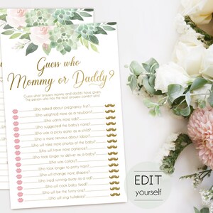 Guess Who Mommy Or Daddy, Baby Shower Game, Template Guessing Game Mommy Said Daddy Said, Guess Who Mommy or Daddy, Succulent and gold